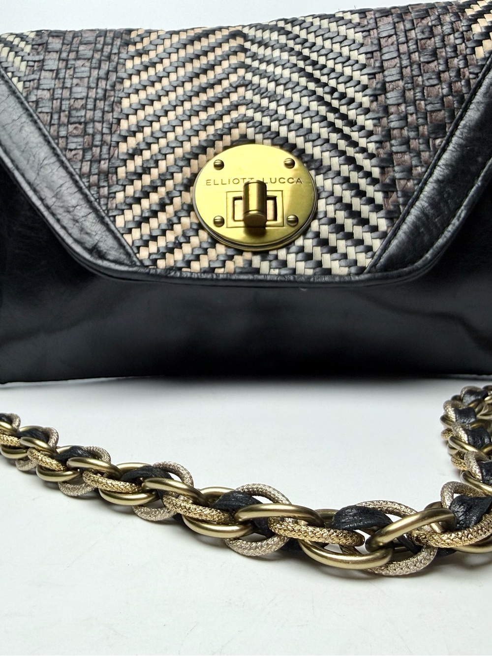 Elliott Lucca Black Woven Leather Chain Strap Clutch Crossbody Handbag